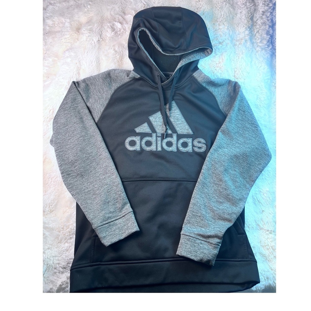 Adidas Mens Hoodie Black Heather Grey Raglan Fleece Pullover Logo Size L. A18